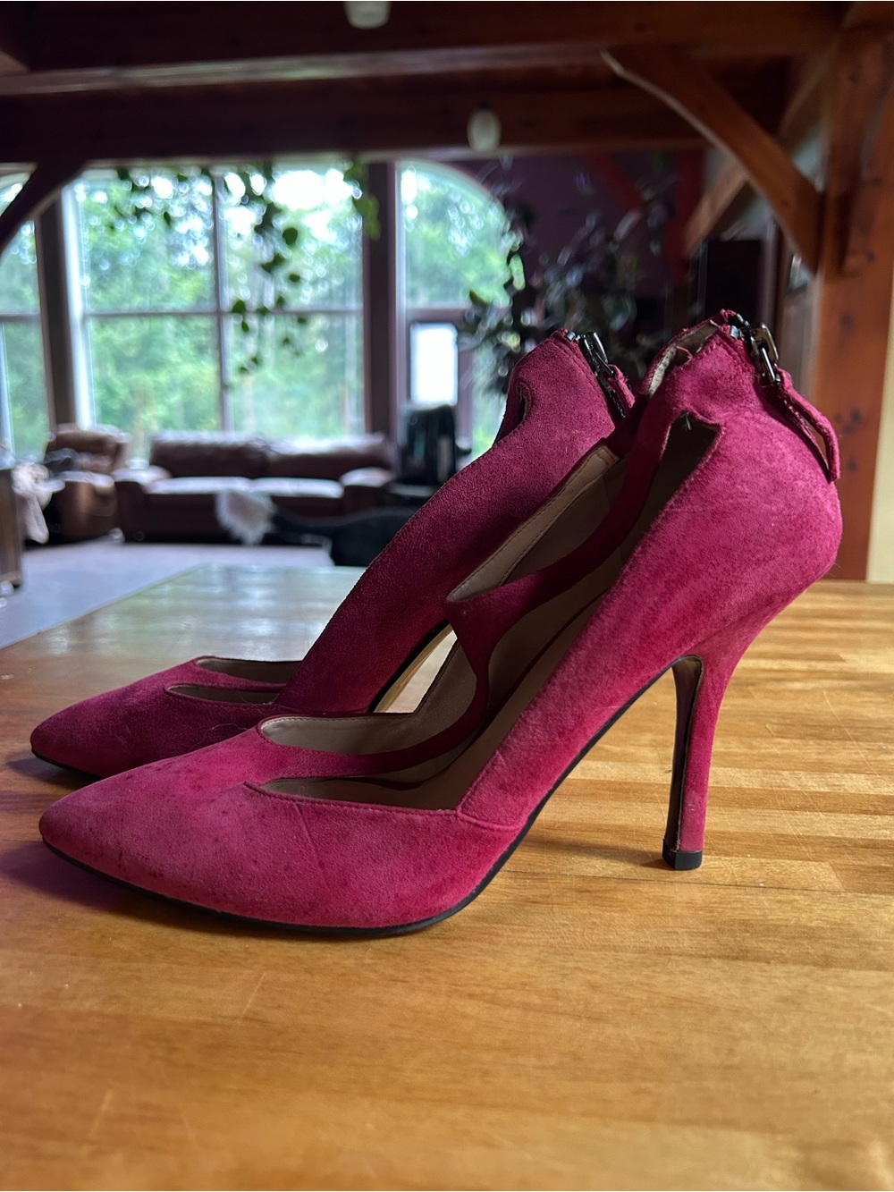 Women's Burgundy Raspberry Genuine Suede Pointed-Toe -Strap High Heels Pumps